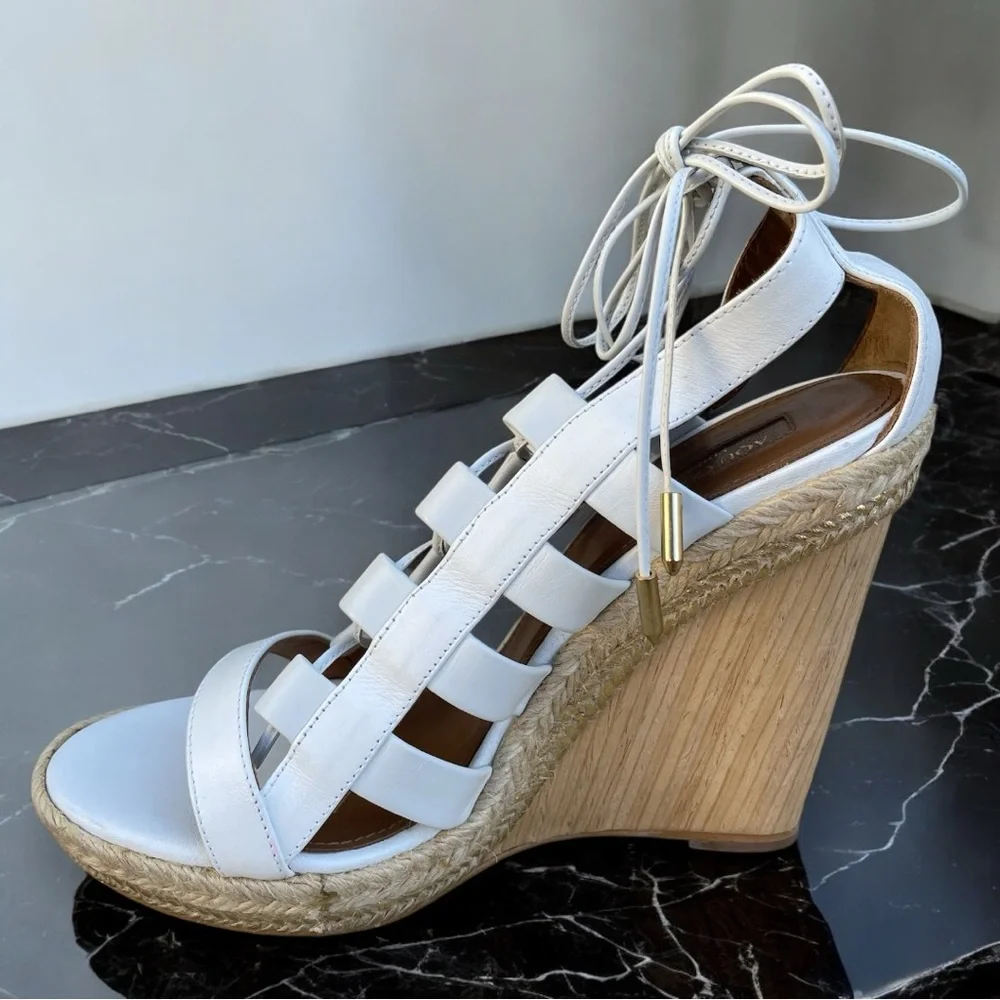 Aquazzura Firenze Amazon Gladiator White Leather Lace-Up Strappy Wedge Sandals